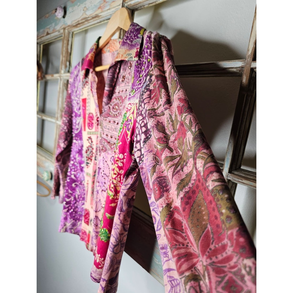 Patchwork Pattern Shirt With Sequence V- Neck Lad… - image 5